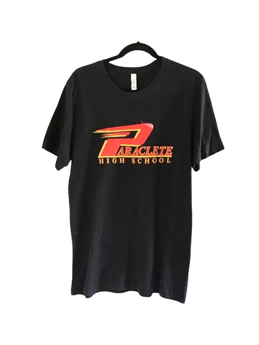 CANVAS- MENS BLACK FRONT LOGO "PARACLETE HIGH SCHOOL" COTTON T-SHIRT SIZE LARGE